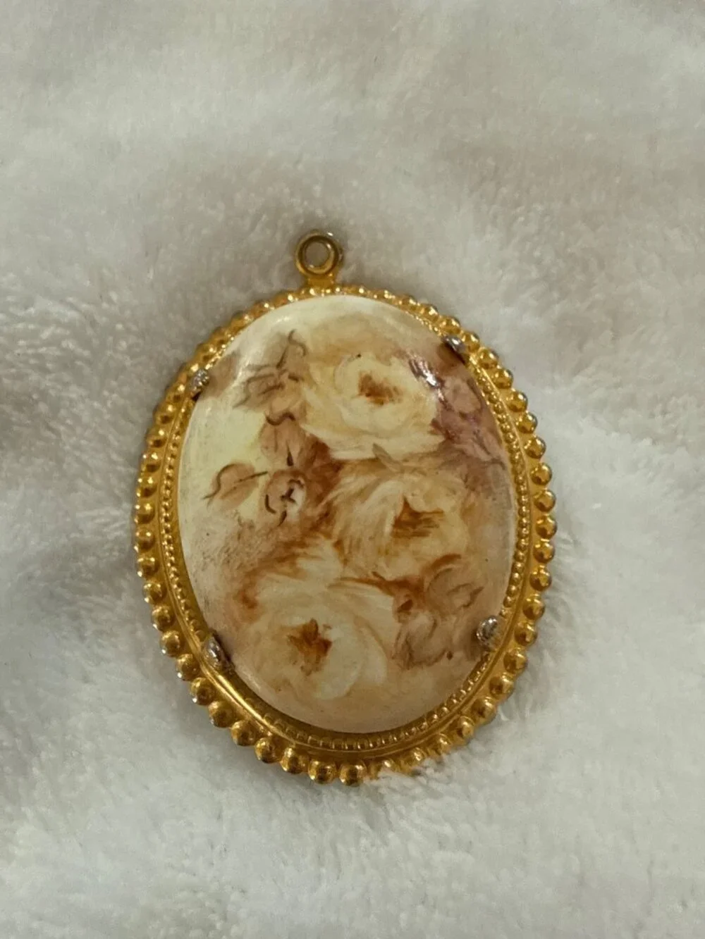 Vintage Gold-Tone Oval Pendant With Floral Design & Scalloped Edges Signed 